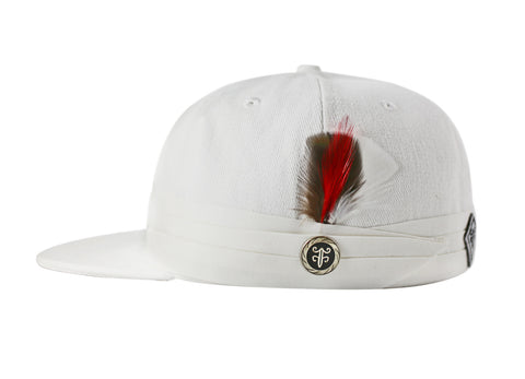 The FeatherFitted® Hat — White with white band and multi-colored feather