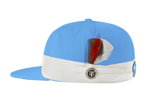 The FeatherFitted® Hat — Sky blue with white band and multi-colored feather